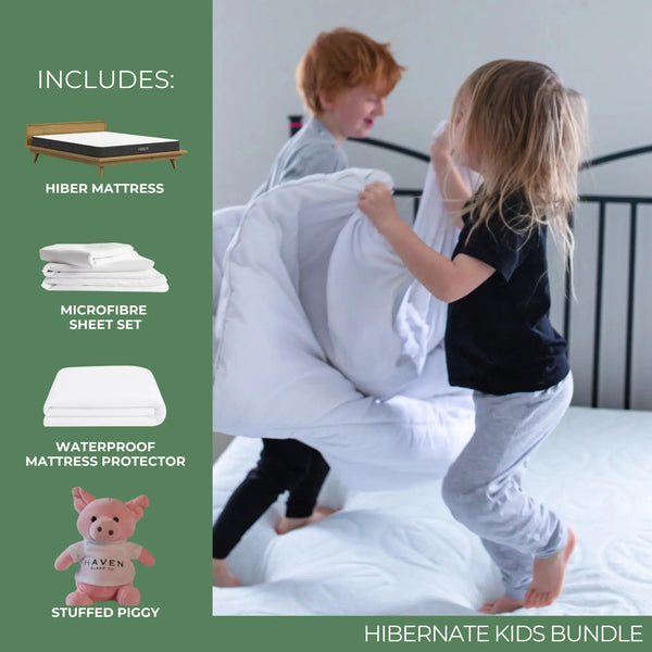 Hibernate Kids Bundle includes eco-friendly HIBER mattress, microfiber sheet set, waterproof mattress protector, and stuffed piggy for safe, non-toxic sleep solutions for children.