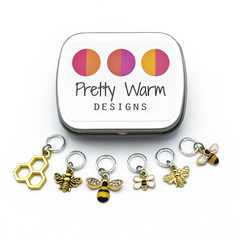 Honey Bee Ring Stitch Markers with decorative storage tin by Pretty Warm Designs