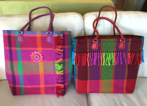 Two large woven knitting bags with fringe and handles by Janet Rice-Bredin of Pretty Warm Designs