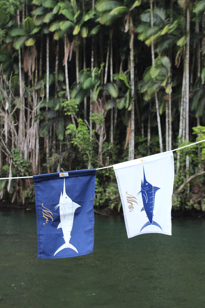 Custom Wedding Embroidery for Tara and Tyler Rock wedding in Hilo Big Island on Sundot Marine Marlin Fish Flag