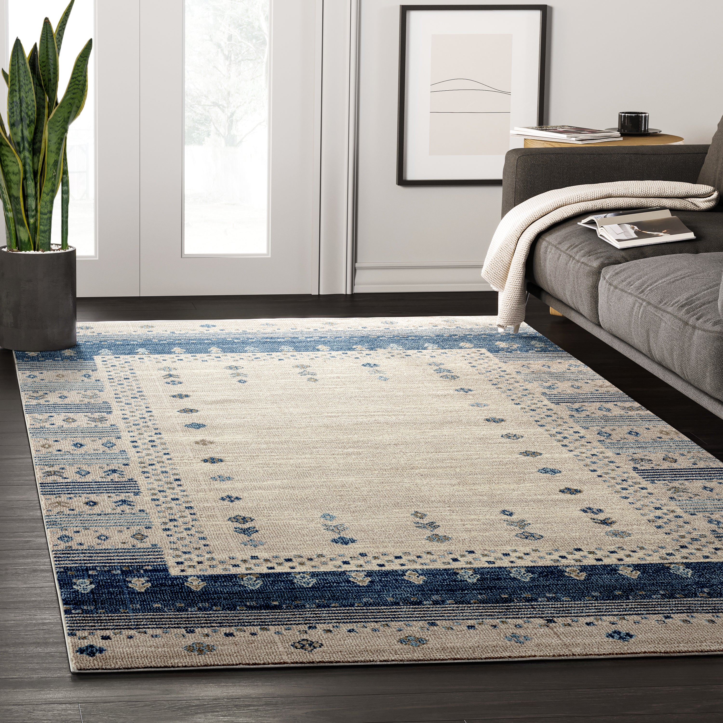 Cream Rug Blue Border