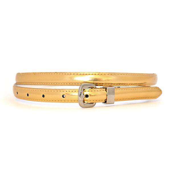 CARRIE - Womens Gold Patent Skinny Leather Belt with Silver Buckle – BeltNBags