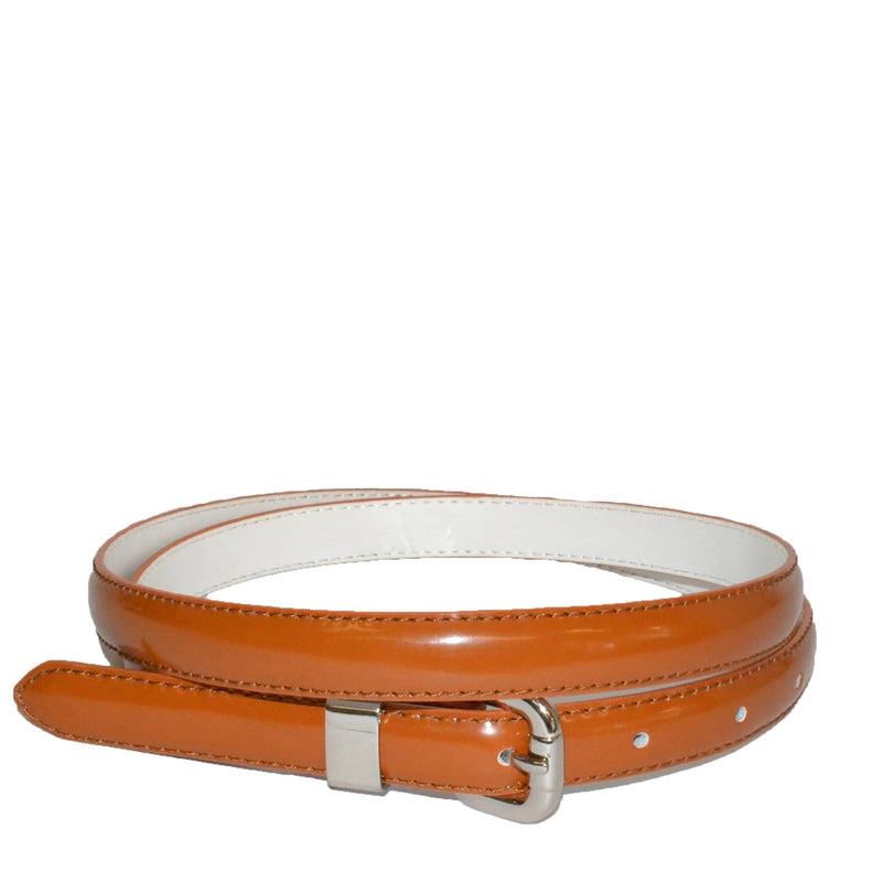 CARRIE - Womens Brown Patent Skinny Leather Belt with Silver Buckle – BeltNBags