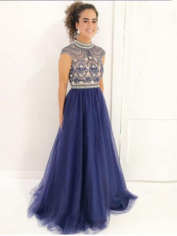 navy tulle prom dress