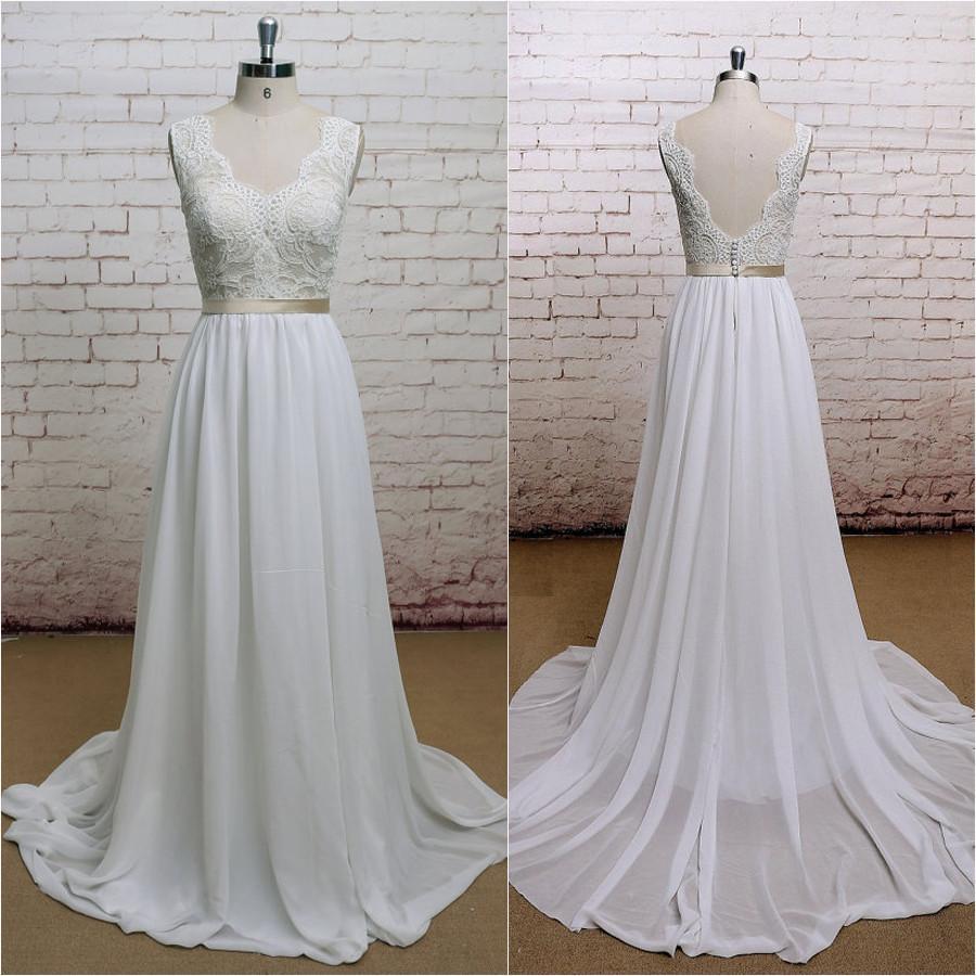 Backless V Neck Cap Sleeve Lace Simple Cheap Beach Wedding Dresses, WD ...