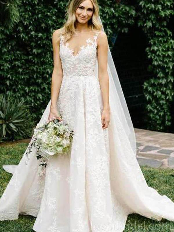 Bateau A-line Lace Cheap Long Wedding Dresses Online, Cheap Bridal Dre ...