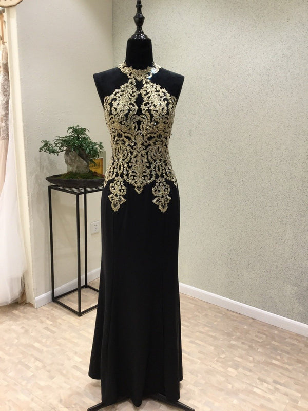 Black Halter Mermaid Gold Lace Beaded Evening Prom Dresses, Popular Bl ...