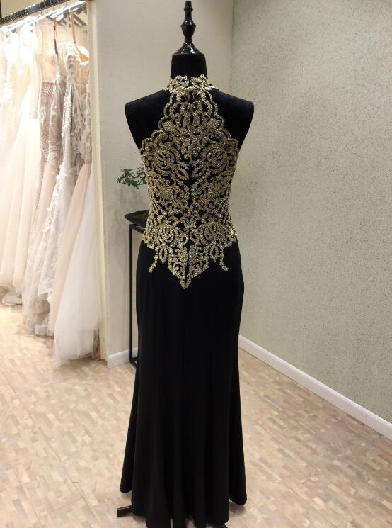 Black Halter Mermaid Gold Lace Beaded Evening Prom Dresses, Popular Bl ...