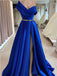 Blue A-line Off Shoulder High Slit Cheap Long Prom Dresses Online,12736