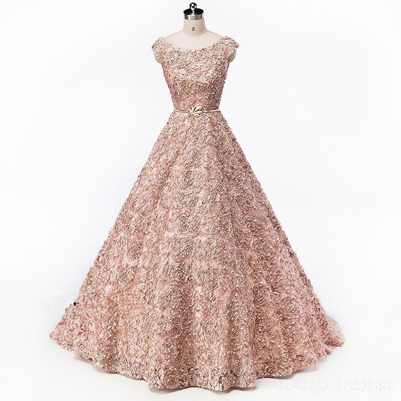 Cap Sleeves Soop Rose Gold Lace Long Evening Prom Dresses, Cheap Party ...