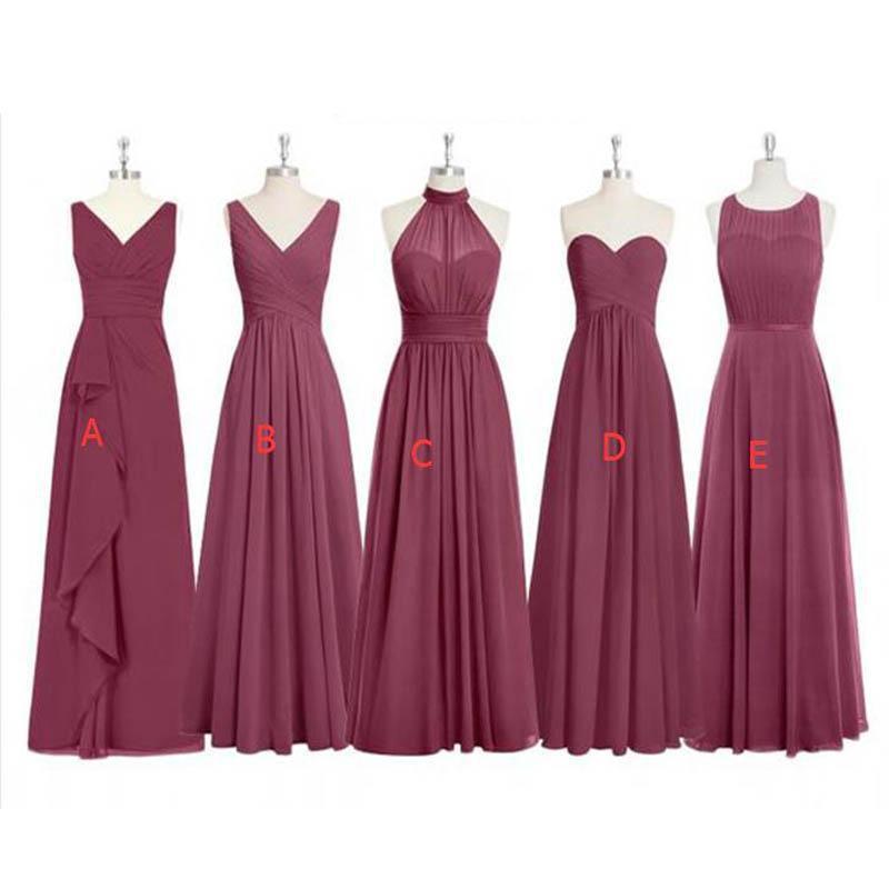 Cheap Chiffon Mismatched Dusty Red Long Bridesmaid Dresses, Affordable ...