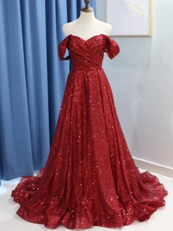 off the shoulder red sequin dress