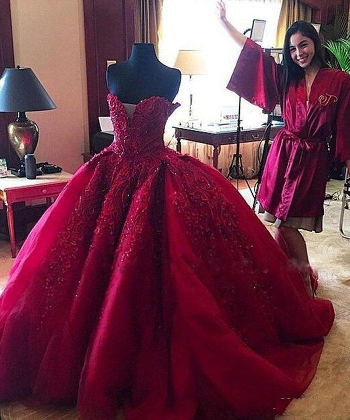 Dark Red Sweetheart Neck Lace Beaded Ball Gown Long Custom Evening Pro ...