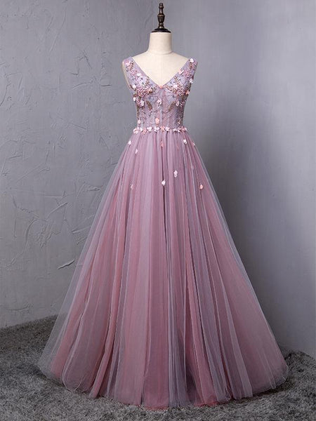 Dusty Purple V Neck A-line Tulle Long Evening Prom Dresses, 17615 ...