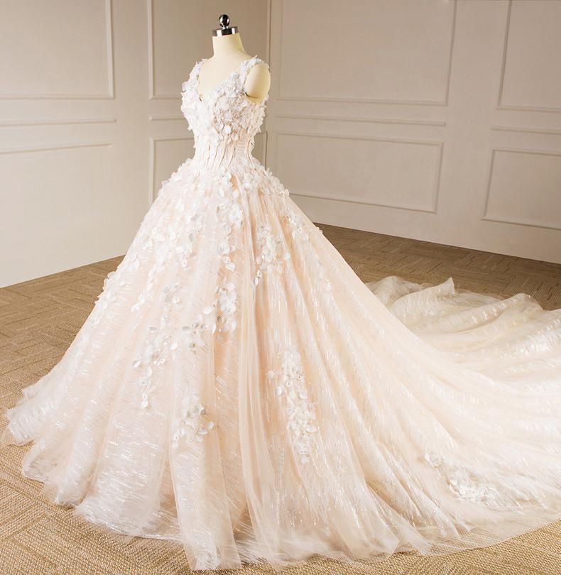 Elegant V Neckline Lace Long Tail Wedding Dresses, Custom Made Wedding