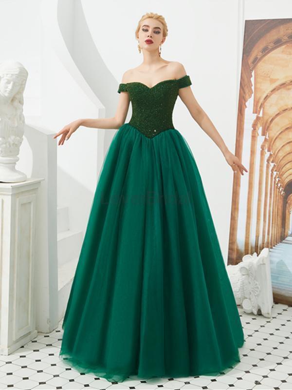 Emerald Green Off Shoulder A-line Long Evening Prom Dresses, Evening P ...