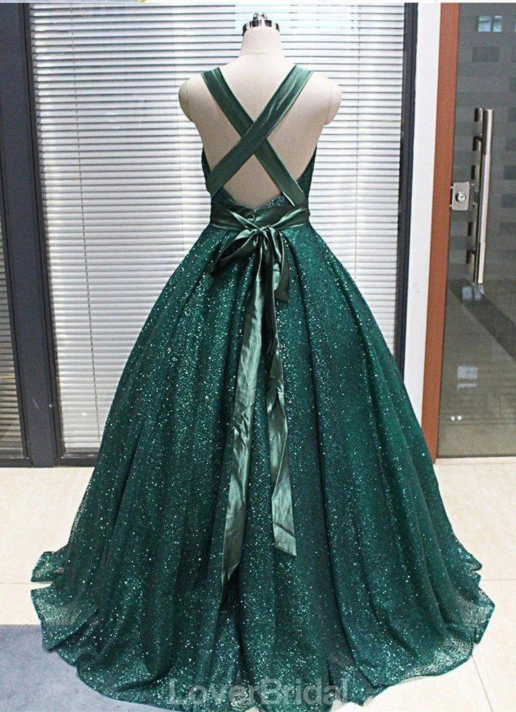 Emerald Green V Neck Sparkly Ball Gown Cheap Evening Prom Dresses, Eve