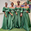 Green A-line Off Shoulder Half Sleeves Cheap Long Bridesmaid Dresses,WG1438