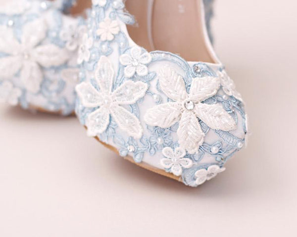 Handmade High Heels Round Toe Blue Lace Crystal Wedding Shoes, S0040 ...