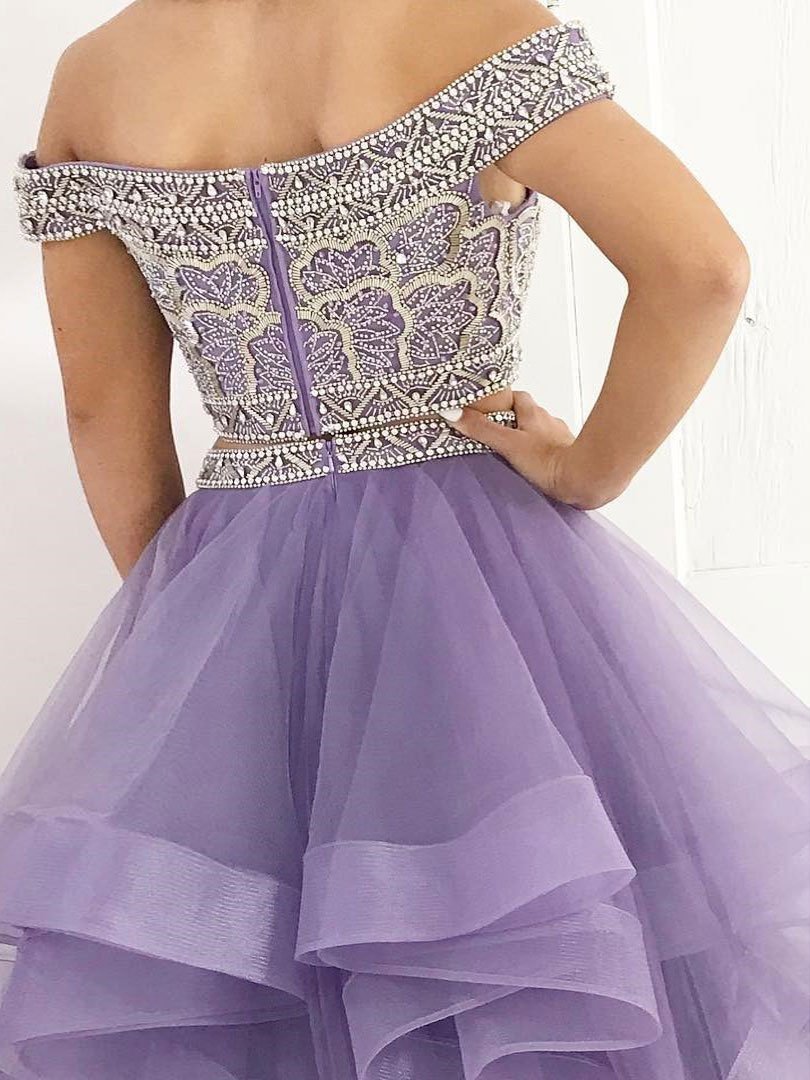 Lilac Off Shoulder Organza Two Pieces A Line Long Custom Evening Prom Loverbridal 9862