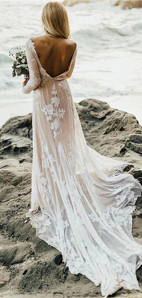 Long Sleeves Backless Lace Boho Wedding Dresses, Cheap Wedding Gown, W ...