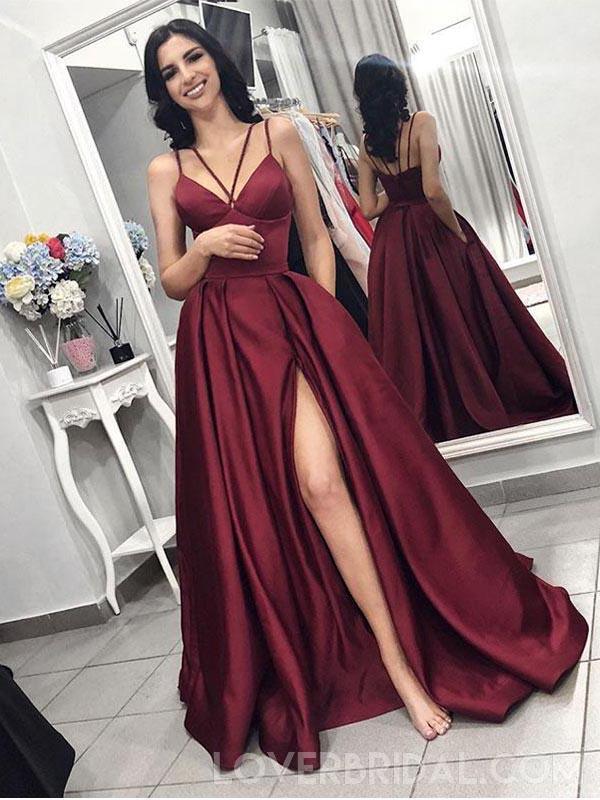 Maroon Spaghetti Straps Side Slit Long Evening Prom Dresses Cheap Cus Loverbridal 2952