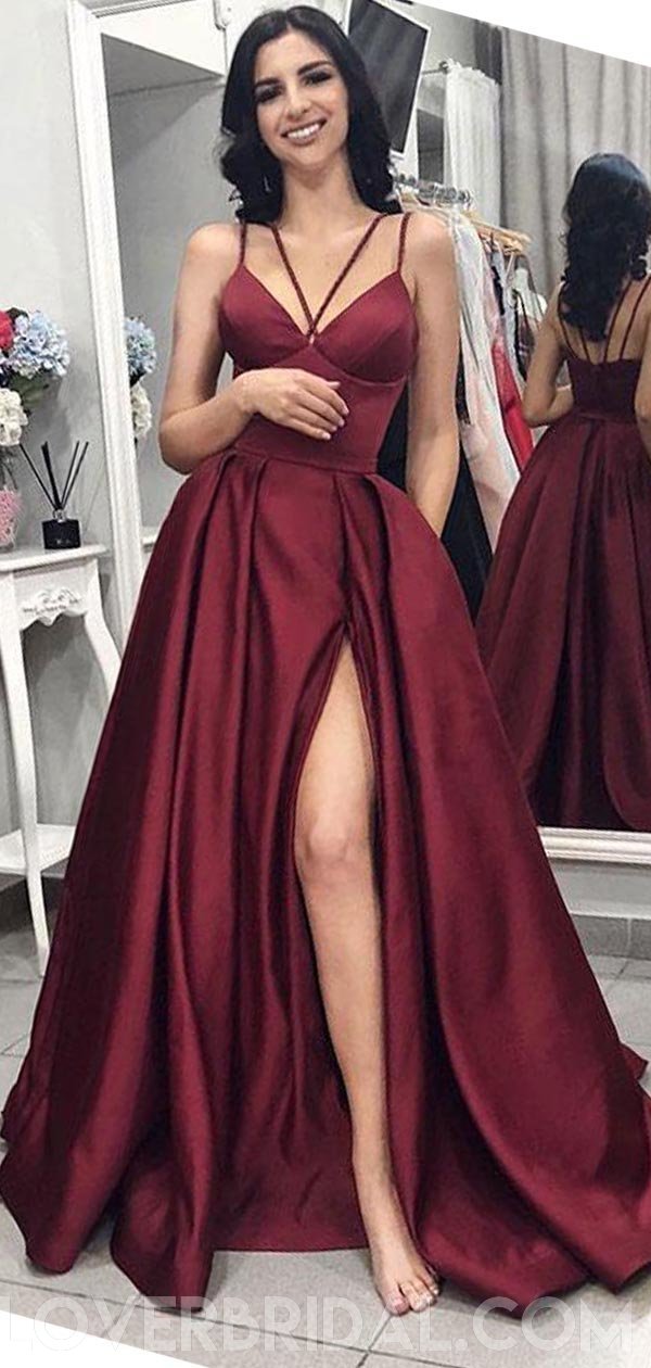 Maroon Spaghetti Straps Side Slit Long Evening Prom Dresses Cheap Cus Loverbridal 6180