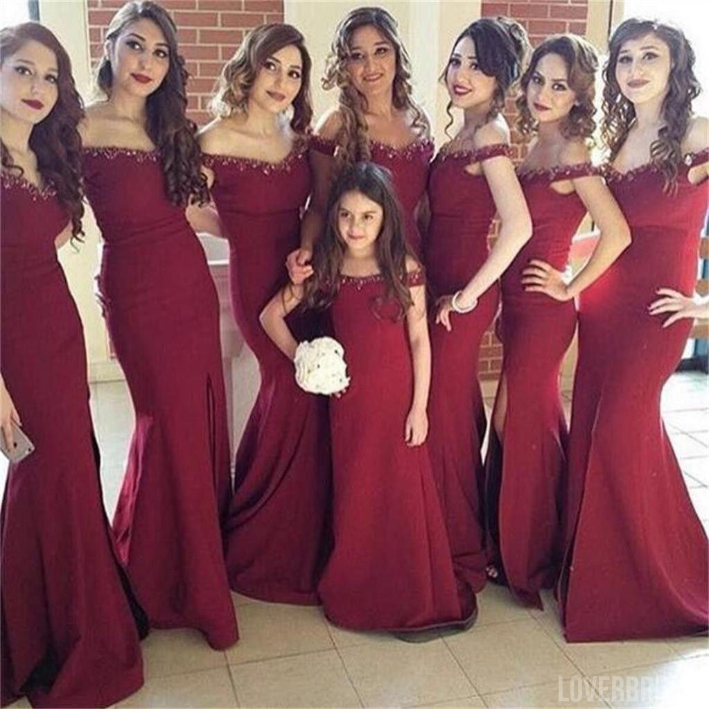 off the shoulder bridesmaid dress burgundy