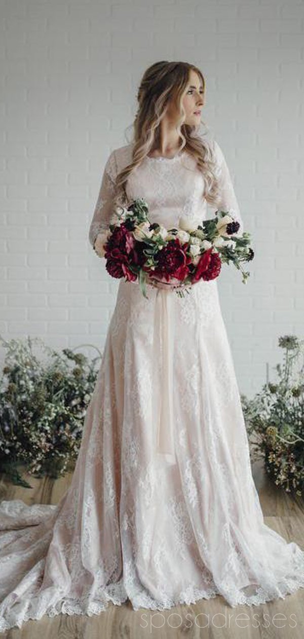 Modest Long Sleeves Lace A-line Wedding Dresses Online, Cheap Beach Br