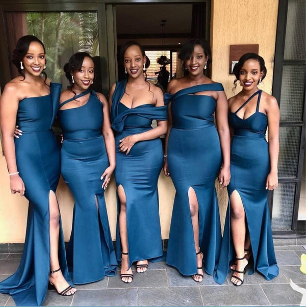 Navy Mismatched Mermaid Side Slit Cheap Long Cheap Bridesmaid Dresses ...