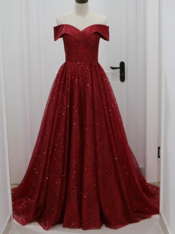 red sparkly off the shoulder dress