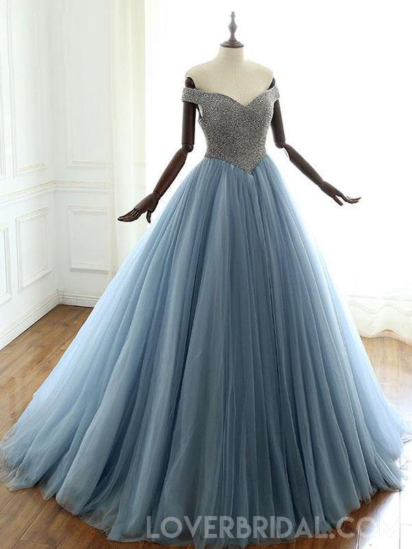 Off Shoulder Dusty Blue Beaded A-line Long Evening Prom Dresses, Cheap ...