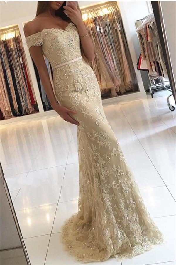 off the shoulder gold prom dress