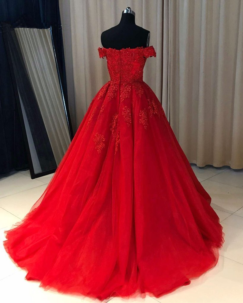 Off Shoulder Red Lace A-line Cheap Evening Prom Dresses, Sweet 16 Dres ...