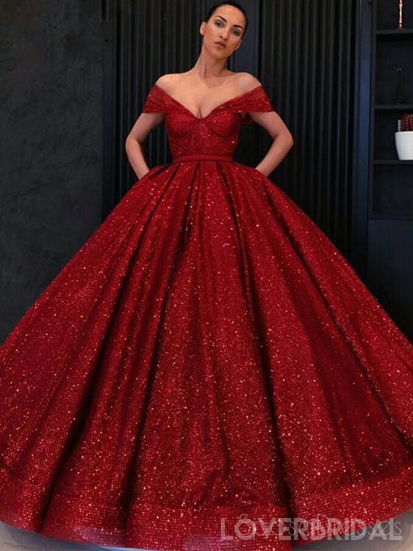 Off Shoulder Red Sparkly Ball Gown Cheap Long Evening Prom Dresses, Ch ...