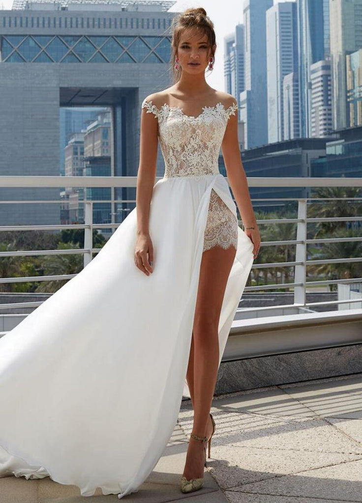 Off Shoulder See Through Cheap Wedding Dresses Online, Side Slit A-lin ...