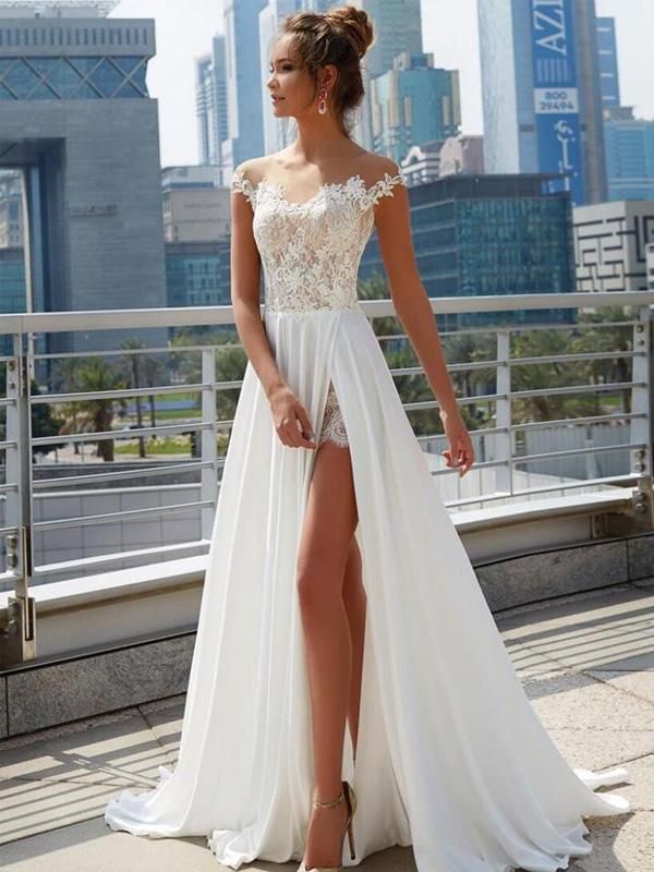Off Shoulder See Through Cheap Wedding Dresses Online, Side Slit A-lin