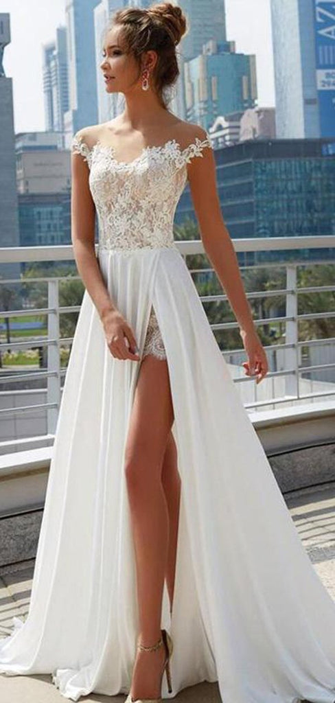 Off Shoulder See Through Cheap Wedding Dresses Online, Side Slit A-lin ...