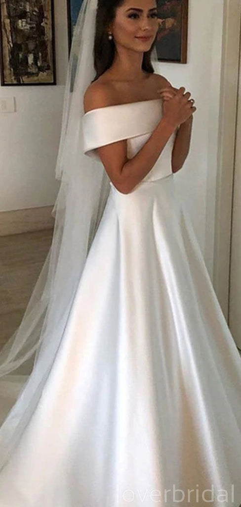 Off Shoulder Simple Satin A-line Cheap Wedding Dresses Online, Cheap B ...