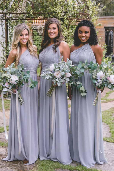 One Shoulder Dusty Blue Long Chiffon Cheap Bridesmaid Dresses Online ...