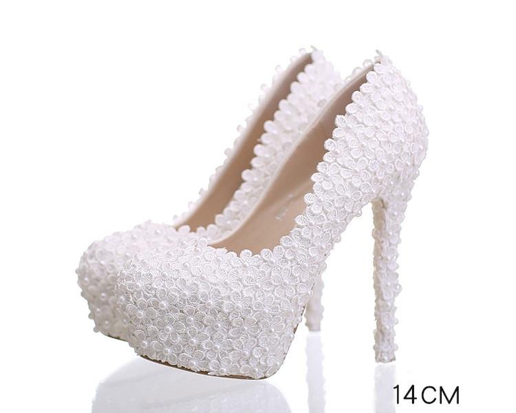 Pearls Lace Pointed Toe White High Heels Wedding Bridal Shoes, S016 ...