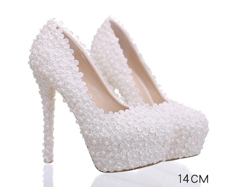 Pearls Lace Pointed Toe White High Heels Wedding Bridal Shoes, S016 ...