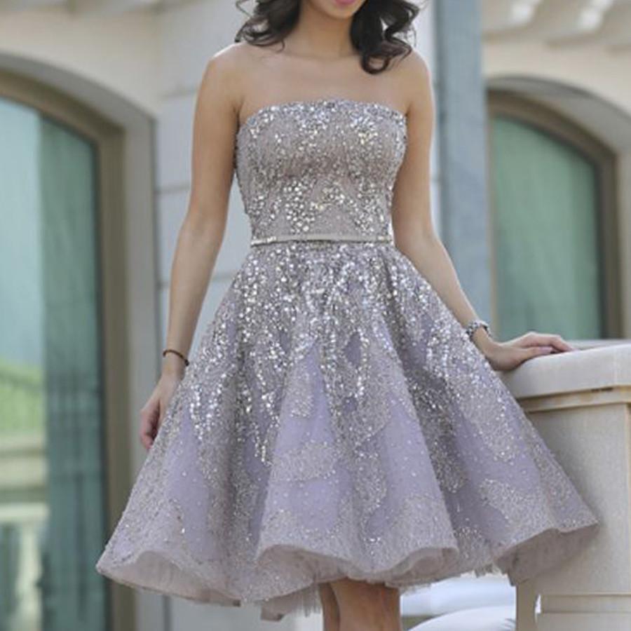 Popular Grey strapless Gorgeous Straight Neck A-line homecoming prom g ...