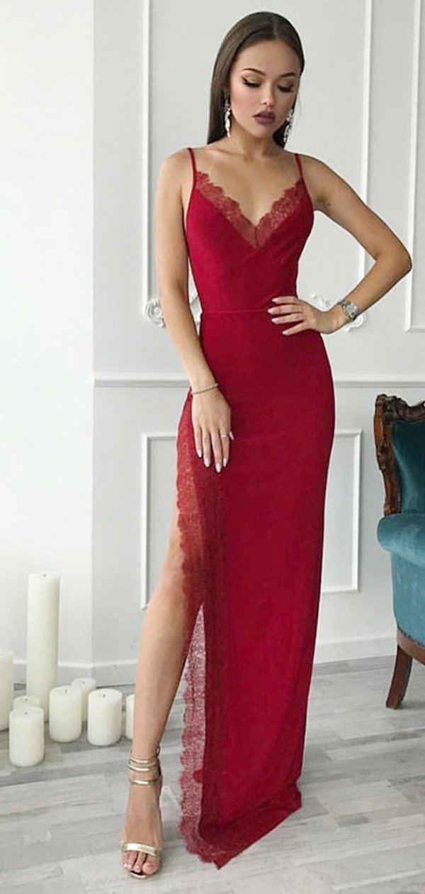 Red Spaghetti Straps Mermaid Side Slit Long Evening Prom Dresses Chea Loverbridal 