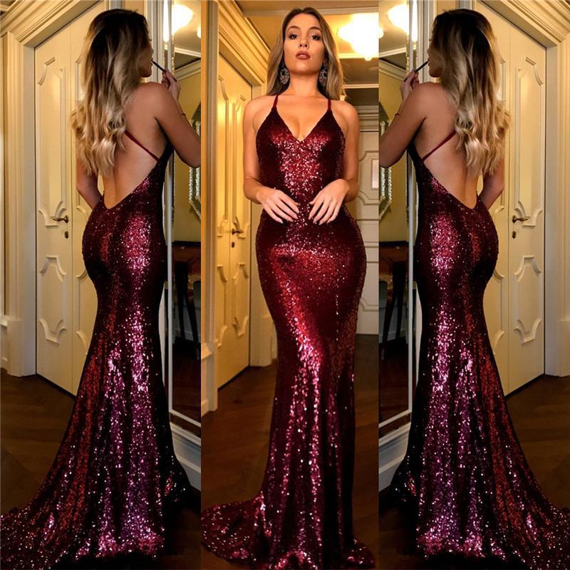 Sexy Backless Dark Red Sequin Mermaid Evening Prom Dresses, Popular 20 ...