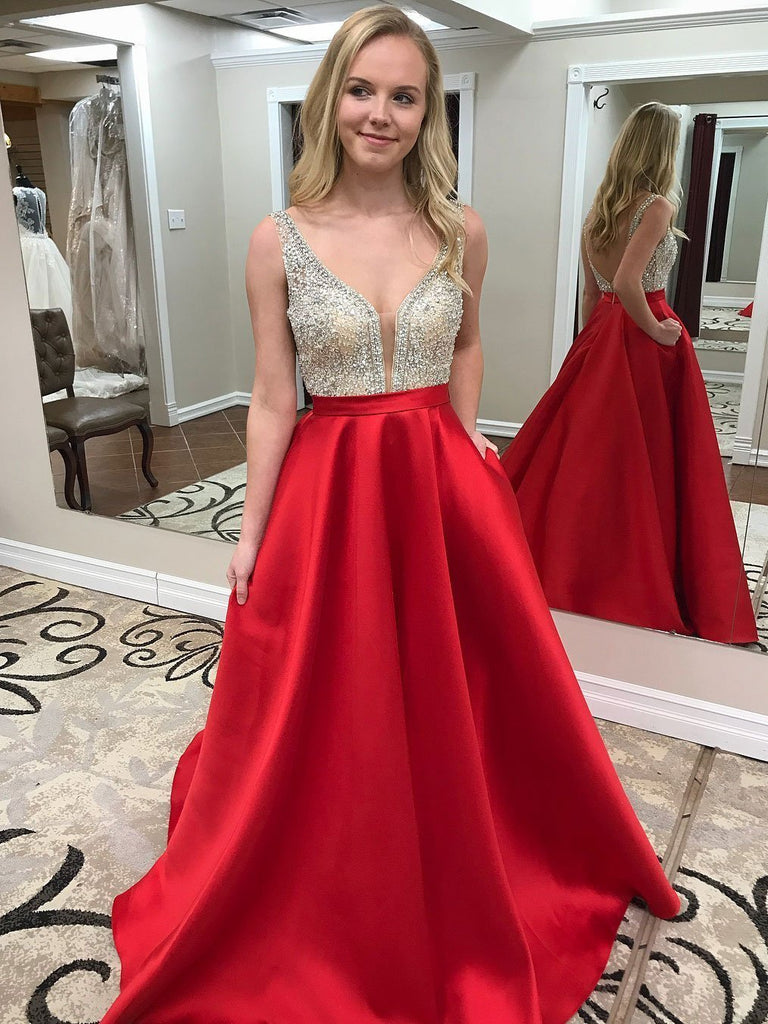 Sexy Backless Deep Neckline Red Skirt Delicate Beading A-line Long Eve ...