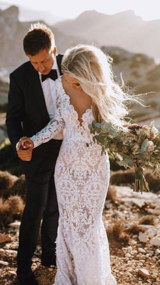 backless lace sleeve wedding dress