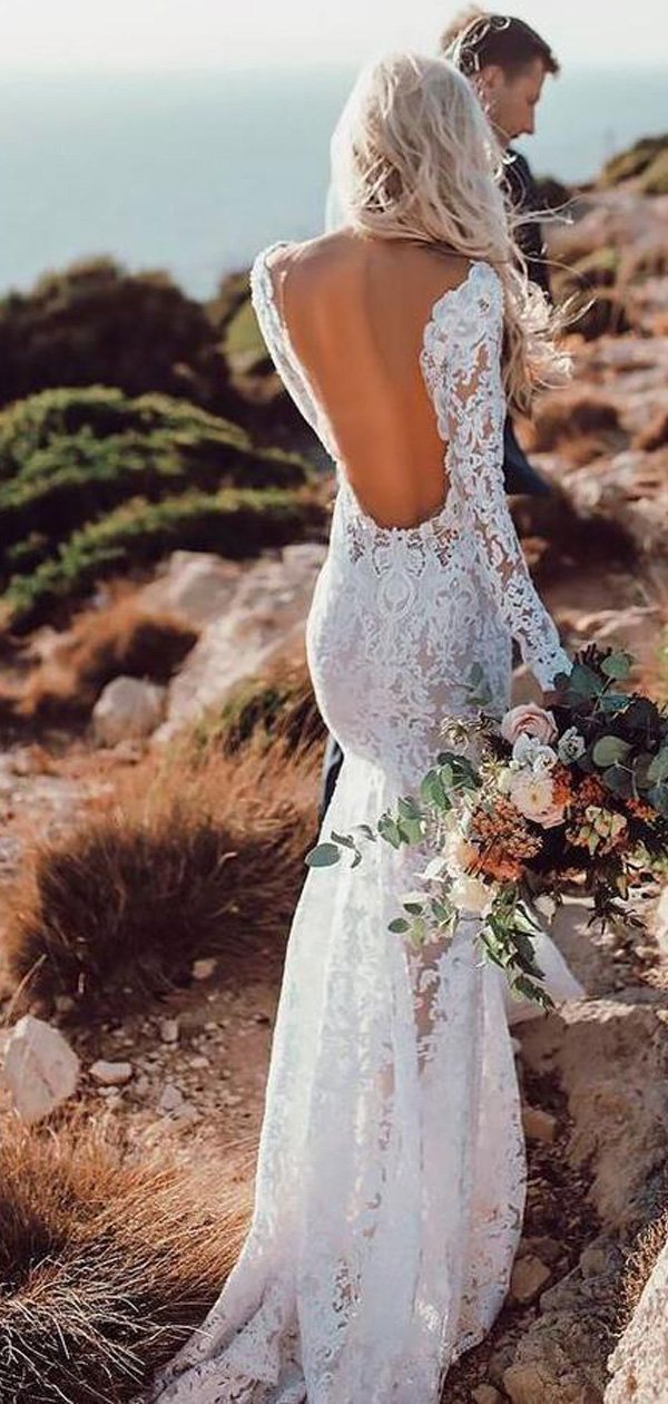 backless lace sleeve wedding dress