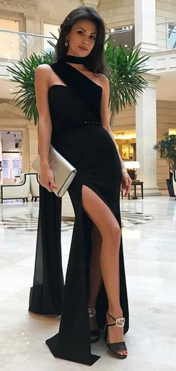 Sexy Black Mermaid High Slit Maxi Long Prom Dresses,Evening Dresses,12 ...