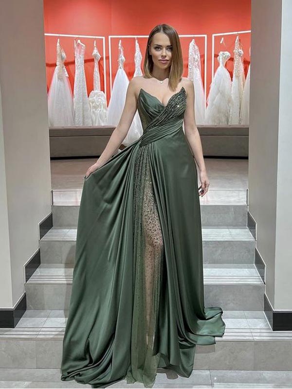 Sexy Green A-line V-neck High Slit Maxi Long Prom Dresses,Evening Dres ...